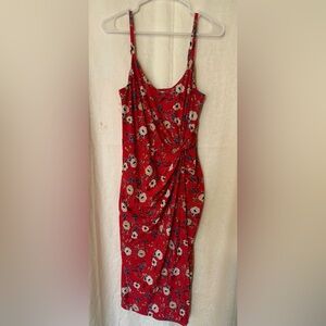Nine Britton Dress, Women’s Medium Red Floral Print Knit Midi faux Wrap Dress